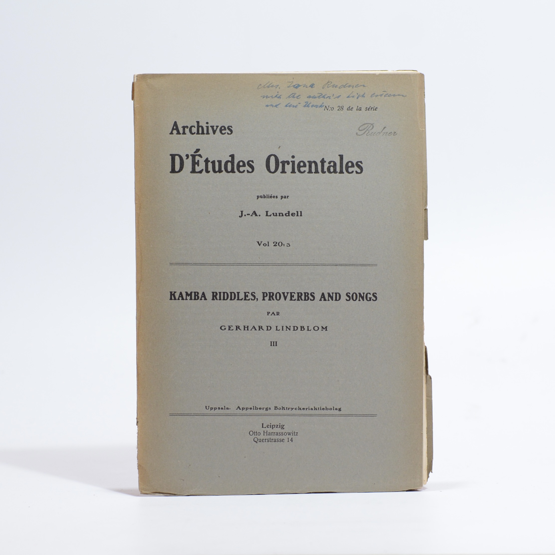 Kamba Folklore III. Kamba Riddles, Proverbs and Songs. - Lindblom, Gerhard